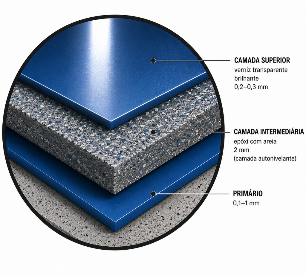 Esquema em camadas do pavimento em epóxi: CAMADA SUPERIOR verniz transparente brilhante 0,2-0,3 mm; CAMADA INTERMEDIÁRIA epóxi com areia 2 mm autonivelante; PRIMÁRIO 0,1-1 mm.