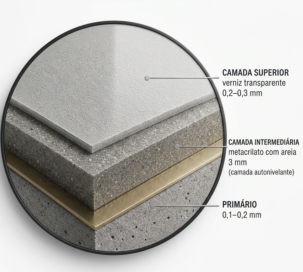 Esquema em camadas do pavimento em metacrilato: camada superior em verniz, metacrilato com areia, primário e suporte em betão.