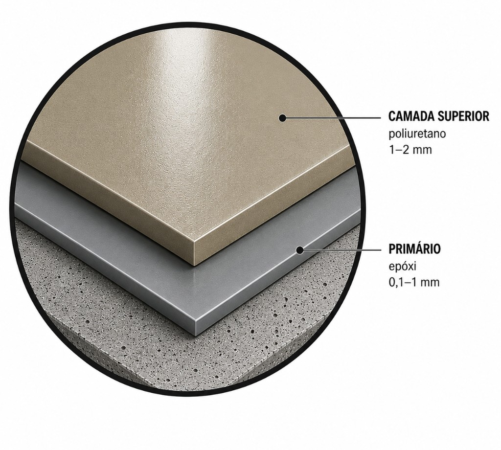 Esquema em camadas do pavimento em poliuretano: CAMADA SUPERIOR poliuretano 1-2 mm; PRIMÁRIO epóxi 0,1-1 mm; suporte em betão.