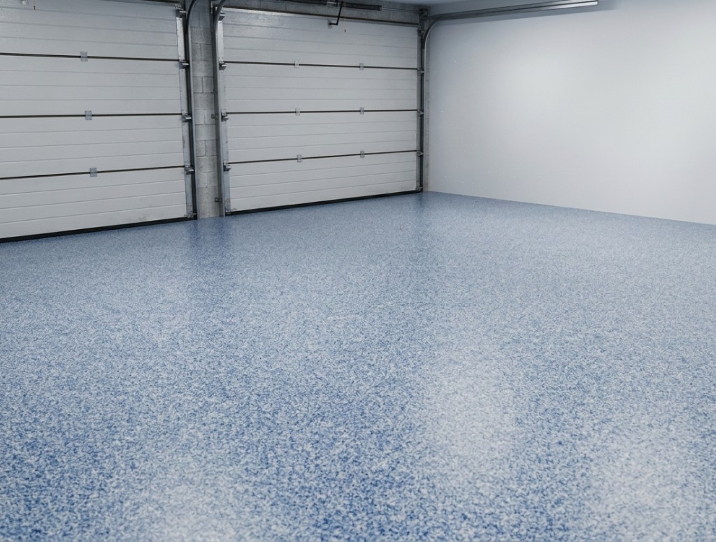 Garagem em Coimbra com pavimento epóxi decorativo em flake azul e branco - acabamento contínuo e brilhante, Rev-Tek Portugal