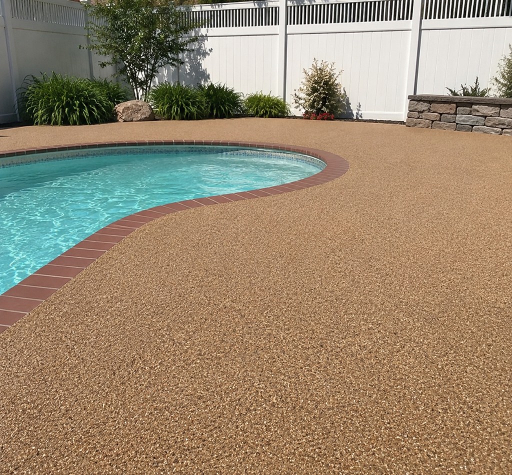 Tapete de Pedra em torno de piscina residencial em Sesimbra - revestimento contínuo, Rev-Tek Portugal