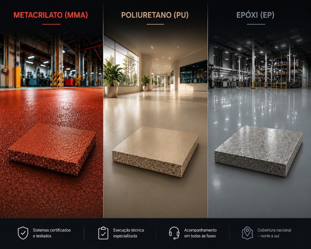 Comparativo dos sistemas Metacrilato (MMA), Poliuretano (PU) e Epóxi: aplicações industriais, comerciais e técnicas, com sistemas certificados, execução especializada e cobertura nacional.